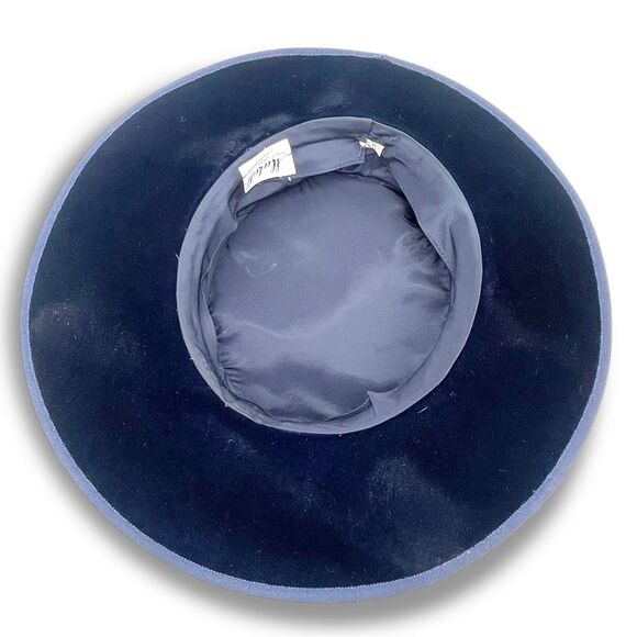 Vintage Makoff Salt Lake City Navy Blue Velvet Hat 22 1/2 Wide Brim Ribbon Bow - Picture 9 of 15